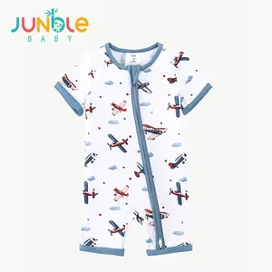 JUNBLEBABY Cotton Fiber Baby Suit Double-Zipper Airplane Printed Soft Fabric Foldable Foot Cover Short-Sleeved Crawling Suit