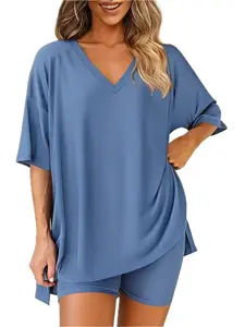 2026 Women’s 2 Piece Lounge Set Oversized V Neck Short Sleeve Tee & Matching Biker Shorts Lightweight Reversible Summer Casual Nightwear With Plus Size
