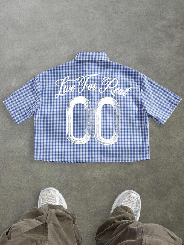 Unisex's Casual Fashion Gingham Street Checkered Graffiti Gothic Print Box-Fit Cropped Button-Up Shirt Men's Cropped Tops