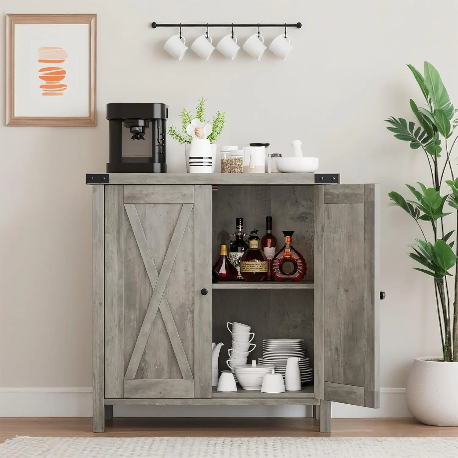 Farmhouse Sideboard Buffet Cabinet with 2 Doors & Adjustable Shelves, Small Accent Console Cupboard for Living Room Dining Room Coffee Bar