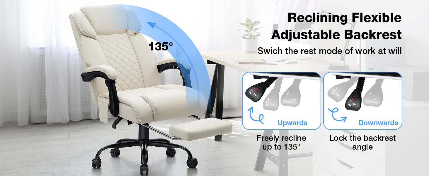 HOFFREE 7 Points Vibration Massage Office Chair with Heat Ergonomic Executive Office Chair with Footrest Reclining Home Office Desk Chairs Beige