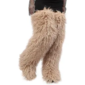Black Thigh High Fur Boots, Over the Knee Fluffy High Boots, Tall Furry shoes for Women