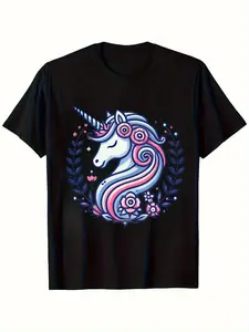 ' Black Magical Unicorn T-Shirt with Rainbow Mane & Pastel Floral Design - Soft Stretch Knit Round Neck Casual & Party Outfit, All-Season Comfort, Vibrant Colors for Casual Attire & Themed Events (Birthday, Easter, St. Patrick'S Day) (3-13Y)