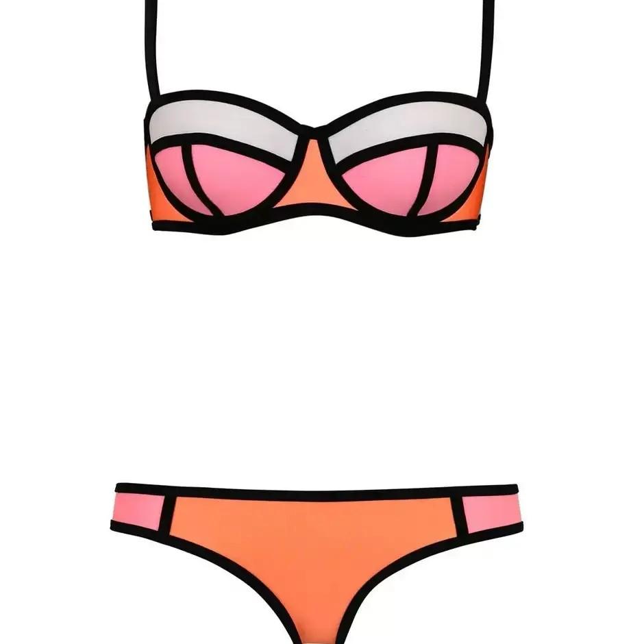Fan Favorite Agerose Multiple Colors Geometric Contrast Trim Bikini Convertible Strapless Two Piece Swimwear for Women Minimalist Solid Tones Premium Stretch Fabric Ideal for Beach Vacation sea fancy swimsuit casual fashion chic tie bathing suit