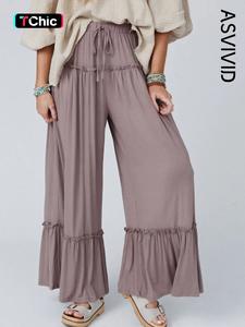 women's plain drawstring frill trim wide leg pants, pants for women, casual high waist trousers, baggy pants for women, ladies casual summer bottoms for daily wear, preppy 80s clothes, going out bottoms