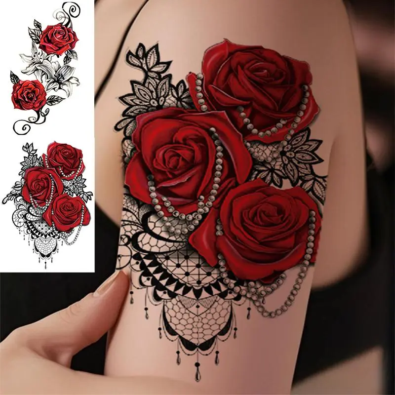 Rose Pattern Temporary Tattoo Sticker, Waterproof Long Lasting Fake Tattoo Sticker, Body Fake Tattoos, Body Art Sticker, Temporary Tattoos Stickers for Women & Girls