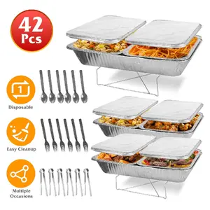 42-Piece Disposable Chafing Dish Buffet Set with Full & Half Pans Lids Stands Utensils Heavy-Duty Aluminum Foil for Weddings Parties Events Cookware