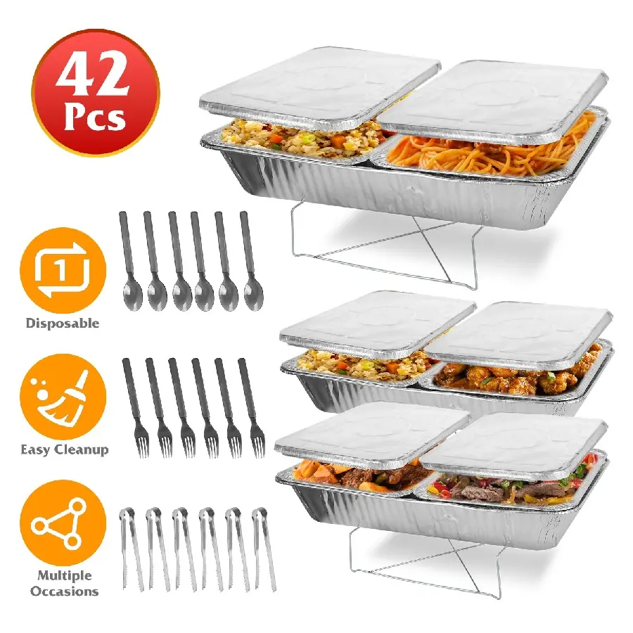 42-Piece Heavy-Duty Disposable Aluminum Foil Chafing Dish Buffet Set - Full & Half Pans, Lids, Stands, Spoons, Forks for Weddings, Parties Kitchenware Cookware, Spoon, Fork