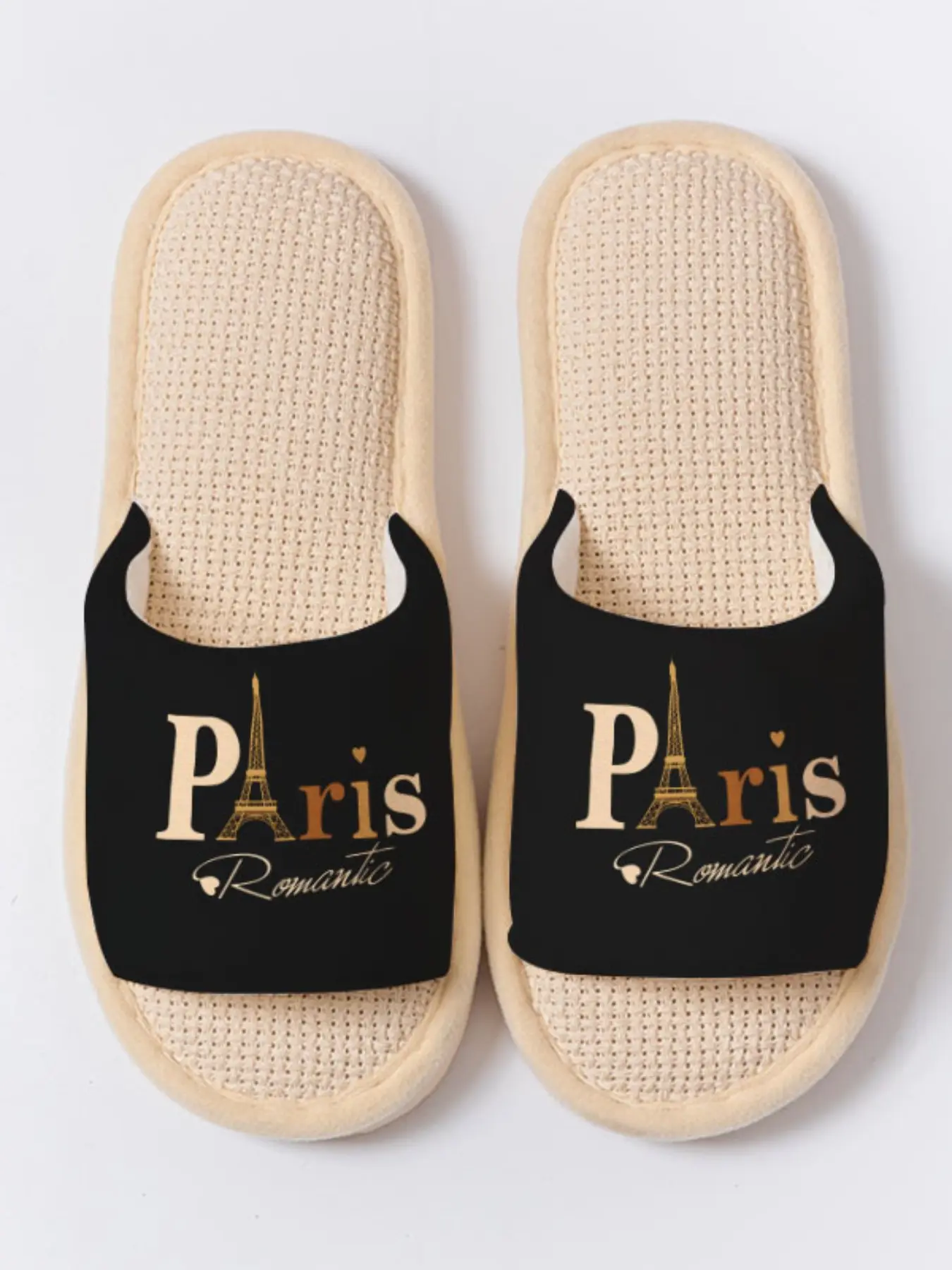 Paris Eiffel Tower Romantic Print | French Romantic Style 1 Pair Linen Breathable Non-Slip Soft Sole Home Slippers For Couples & Women (Spring Summer Indoor Outdoor)