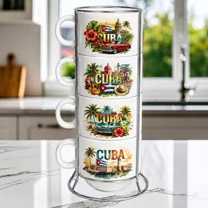 Cuba-themed Sublimated Mugs Set with Stand | Original Gift | Cuban Design | Stackable Mugs for Home Decor