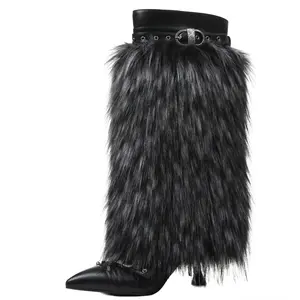 Women's Fur Knee-High Boots with Pointed Toe Cone Kitten Heels Leather Strap Mid-Calf Long Boots for Fall Winter Party