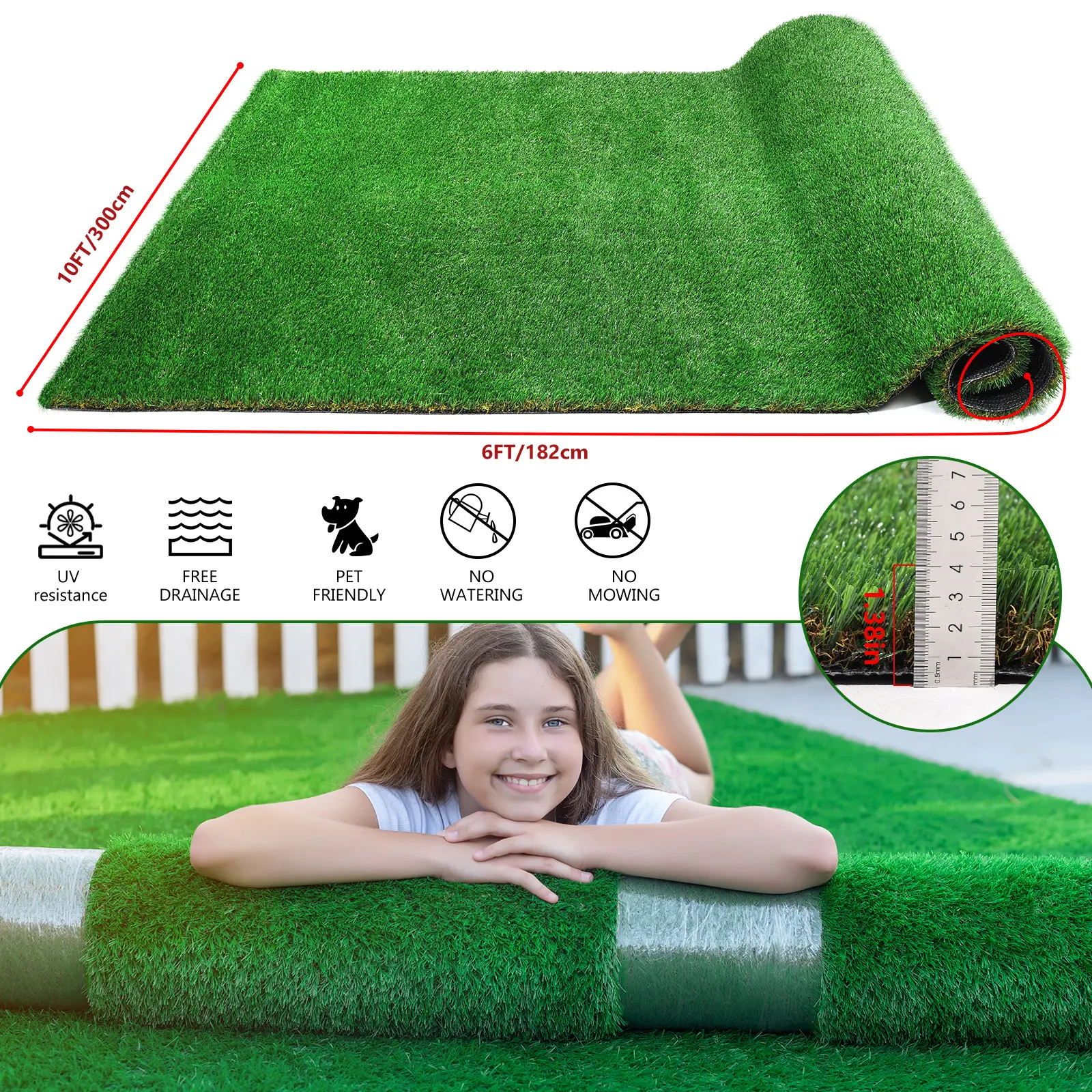 6ft x 10ft Artificial Grass Rug Runner - 1.38in PE&PP Synthetic Grass, Natural Look, Waterproof Odorless Drain Mat, Wash Free, No Spraying/No Fertilizing for Patio, Pets (Sports & Outdoor Golf Use), Easter Party, Patio/Garden