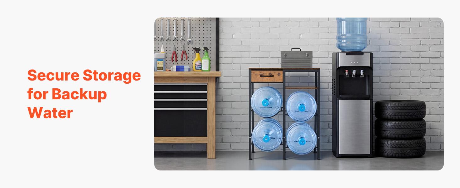 【summerfinds】VEVOR Water Jug Holder, 4 Tiers Double Rows 3 and 5 Gallon Water Bottle Holder for 4 Bottles, Heavy Duty Jug Rack Organizer with Storage Shelf and Drawer, for Kitchen, Living Room, Black and Brown