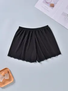 Women's Solid Contrast Lace Elastic Waist Sleep Shorts, Comfy Breathable Casual Shorts for Summer, Summer Clothes, Women's Sleepwear Bottoms, Loungewear, Womenswear