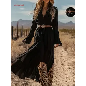 [Bohemian Dresses For Women] Boho Women's Maxi Dress - V-Neck Long Sleeve A-Line Slit Hem with Ruffled Lace-like Trim, Layered Midi-to-Maxi Length Flowy for Weddings, Parties, Festivals - Machine Washable Spring/Fall (No Belt)