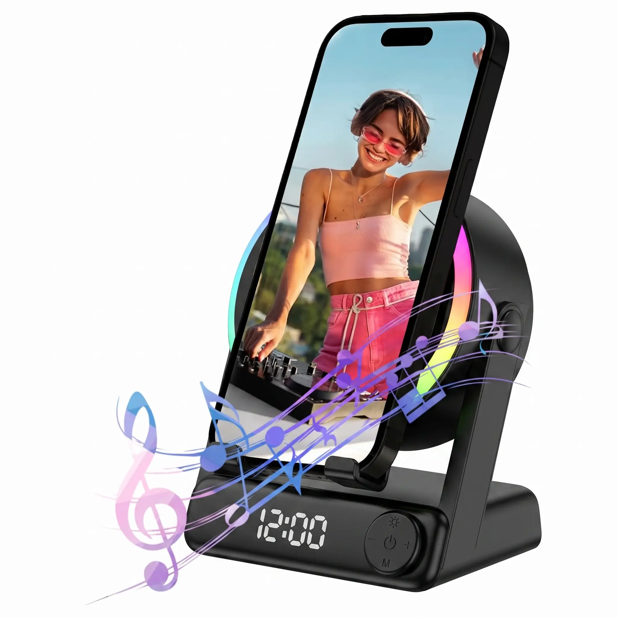 MFHHFM 5 in 1 Wireless Induction Speaker with Phone Stand, Bluetooth Speaker, Digital Alarm Clock, Stereo Sound Amplifier, RGB LED Night Light, 360° Adjustable Holder for iPhone, Android & iPad, Tech Gifts for Men Women Teens