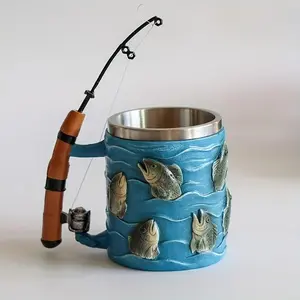 Fishing-Themed Resin Mug with 3D Fishing Rod & Fish Design, Durable Stainless Steel Liner Coffee & Tea Cup for Anglers, Unique Gift for Fishing Enthusiasts