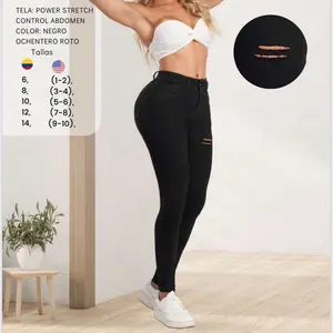 Lady's High Waist Colombian Ochentero Denim Jeans - Fashion, Power Stretch, Abdomen Control, Distressed Style, Minimalist Slim Skinny Fit, Basic Women's Bottoms, Sizes 6-14