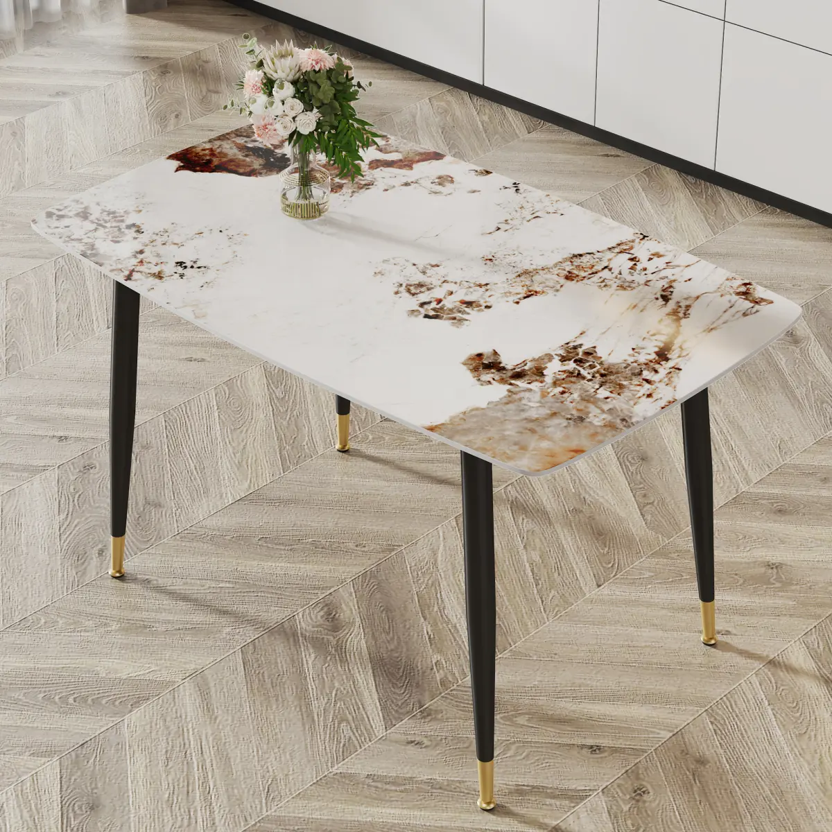 Modern minimalist dining table. A  patterned SINTERED STONE tabletop with black metal legs. Suitable for kitchen and living room 50"*30"*30"   F-001