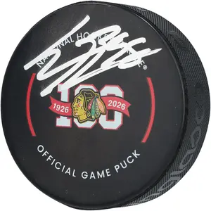 Connor Bedard Chicago Blackhawks Autographed 100th Anniversary Season Official Game Puck - Fanatics Authentic Certified