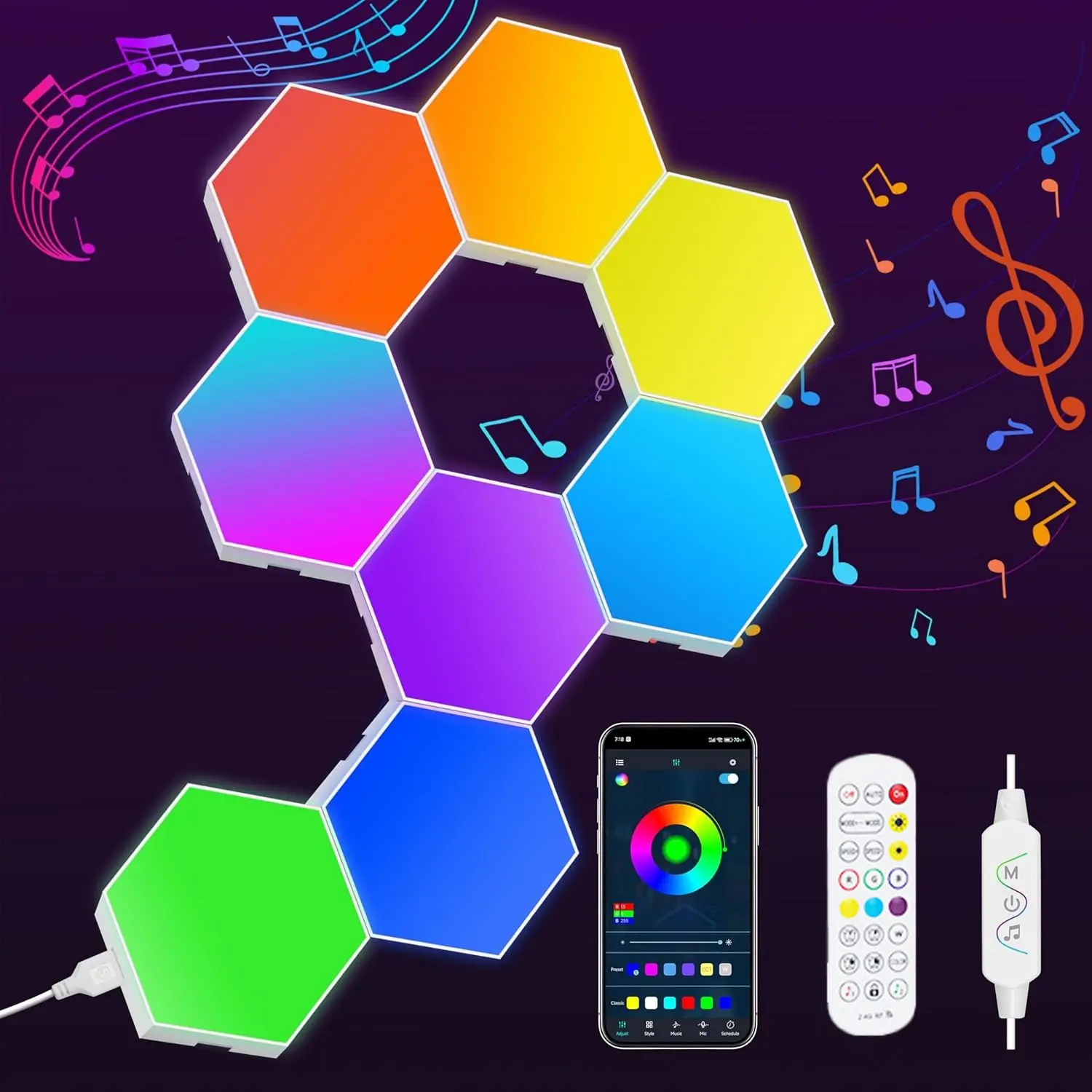 8 Pack Hexagon Lights LED Wall Panels, RGB Gaming Lights with APP & Remote Control, Music Sync Honeycomb Shape Hex Lights for Bedroom, Living Room Wall, Gaming Decor