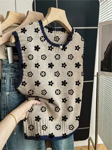 One piece + Women's spring/summer loose-fit round-neck sleeveless knitted top with dark blue trim & black floral prints. Perfect for back-to-school casual wear. Pair with a vest or wear solo. Lady Womenswear