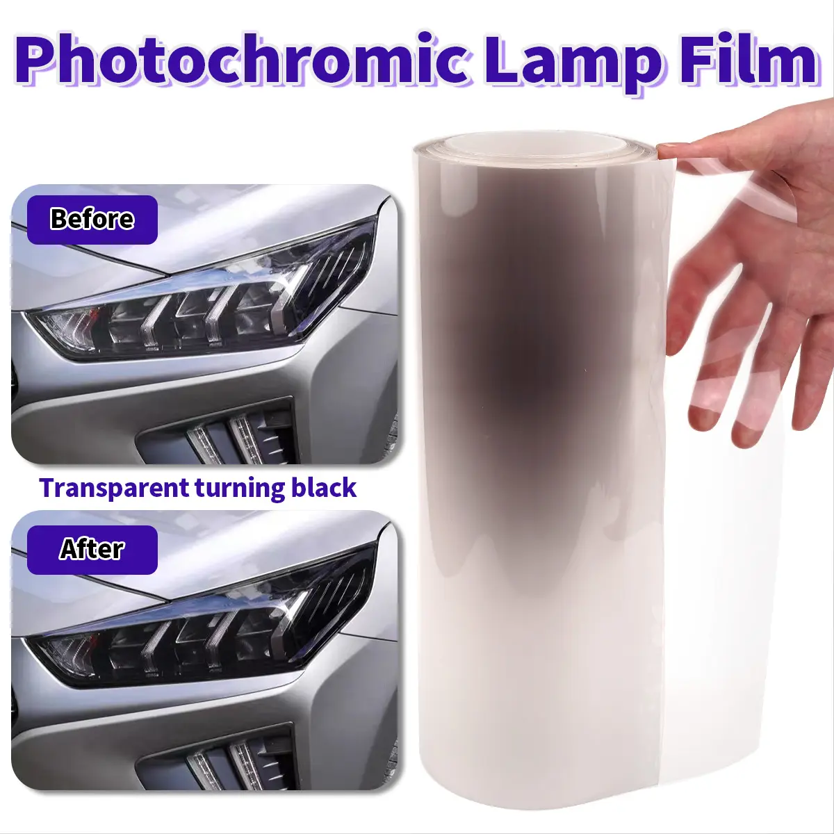Car Tpu Light Control Headlight Tailight Film, Transparent Color Change, UV Responsive Car Light Protection Cover, Automotive Decals, Automotive Vehicle Accessory, Car Accessories