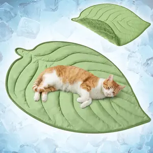 Cooling Mat, Leaf Shape, Pet Pad with Cooling Nylon & Soft Fleece, Q-Max > 0.4 Reversible  Season Blanket for Dogs & Cats, Small 32x39 in, Sage Green