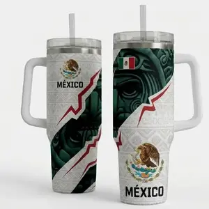 Mexico Aztec Eagle 40oz Tumbler With Handle & Straw, MÉXICO Flag Stainless Steel Insulated Travel Mug, Mexican Heritage Coffee Cup, Patriotic Mexico Aesthetic Tumbler, Hot & Cold Drinkware, Mexico Soccer Gift, TikTok Viral Hispanic Pride Cup