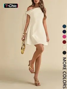 Women's Elegant Asymmetric Tie-Up Shoulder Bodycon Fit A-Line Ruffle Hem Business Casual Dress