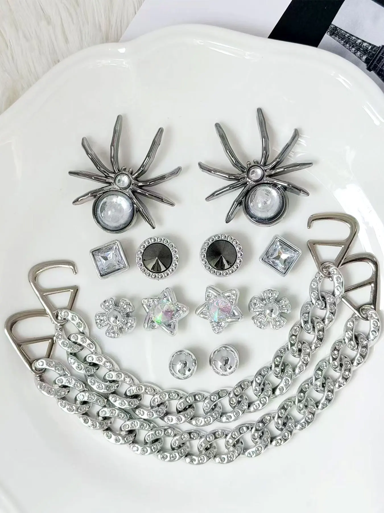 14 Piece Dark Spider Rhinestone Shoe Charms Set, Silver Block, Decorative Metal Water Drill Acrylic, Sweet Cool Style, Rhinestone Shoes Charms, Decorative Shoe Accessories, Rhinestone Shoe Decoration