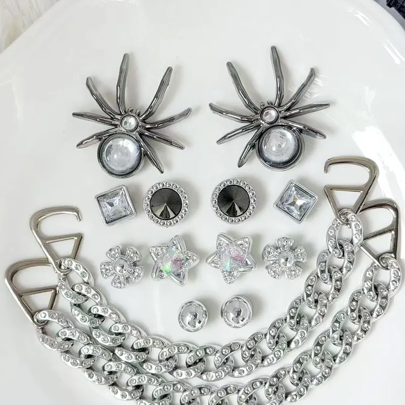 14 Piece Dark Spider Rhinestone Shoe Charms Set, Silver Block, Decorative Metal Water Drill Acrylic, Sweet Cool Style, Rhinestone Shoes Charms, Decorative Shoe Accessories, Rhinestone Shoe Decoration