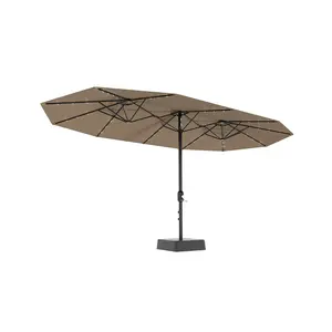 15FT Outdoor Double-Sided Umbrella with Solar Lights, Large Patio Umbrella Rectangle Market Umbrella with 36 PCS LED Lights Outside Umbrellas for Poolside Lawn Backyard Base Included,Tan