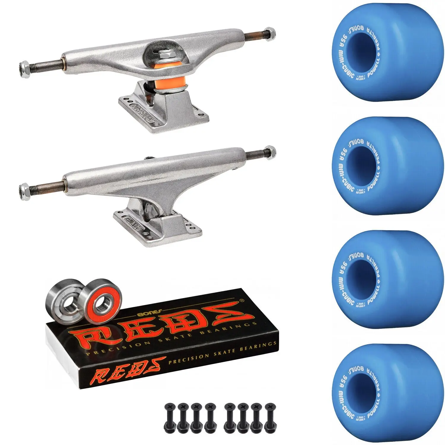 Independent Skateboard Package - 149 (8.5") Trucks, Powell Peralta Mini-Cubic Blue Wheels, Bones Reds