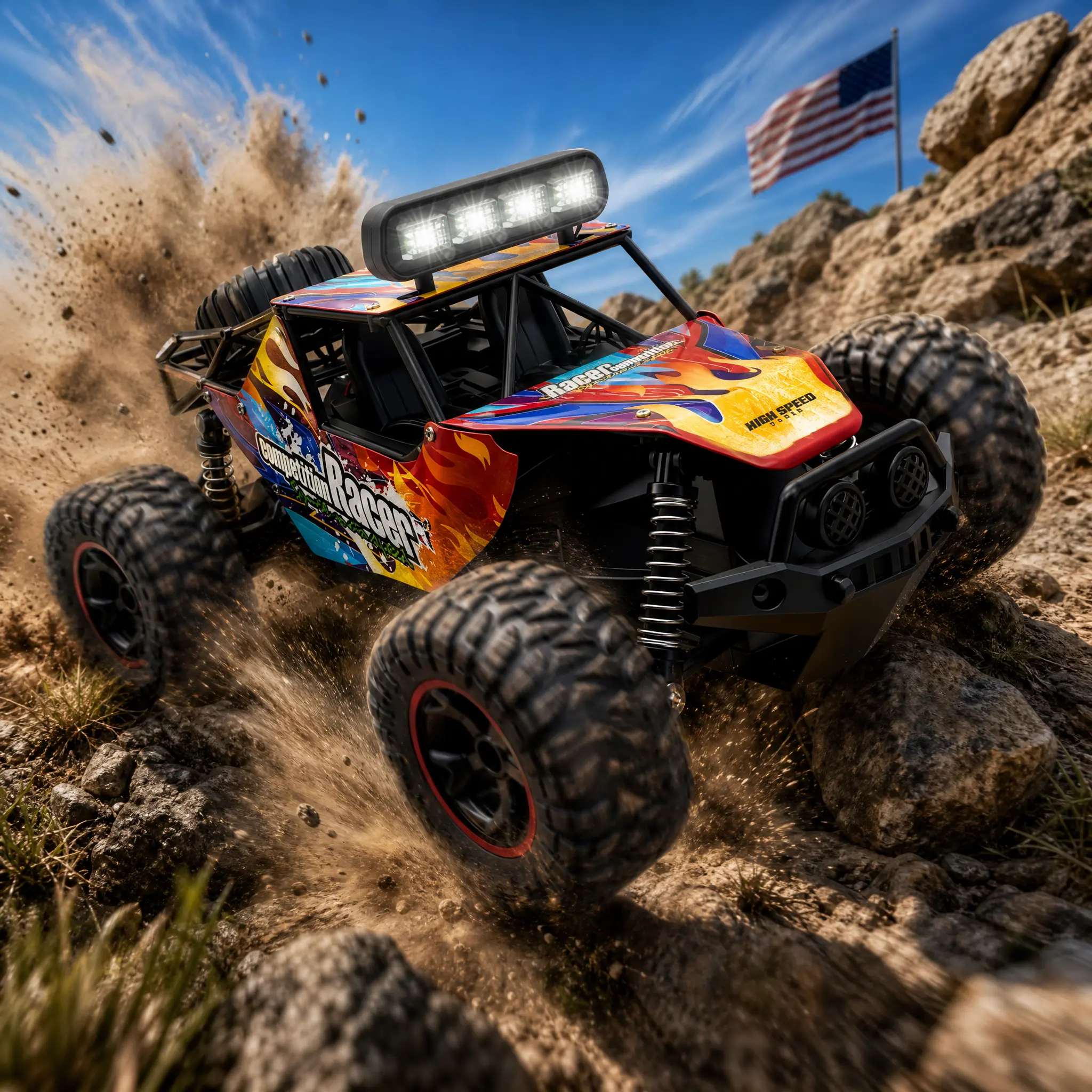 1:14 Scale High Speed RWD RC Off-Road Truck - 35 KM/H Die-Cast Metal Body RC Buggy with LED Light Bar, 23000 RPM Motor, All-Terrain Monster Tires, 7.4V 1200mAh Rechargeable Remote Control Racing Car