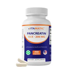 Vitamatic Pancreatin 10X Digestive Enzymes – 250 Capsules – Made with Protease 50,000 USP, Amylase 50,000 USP & Lipase 4,000 USP – Supports Protein, Carb & Fat Digestion – Non-GMO – Made in USA