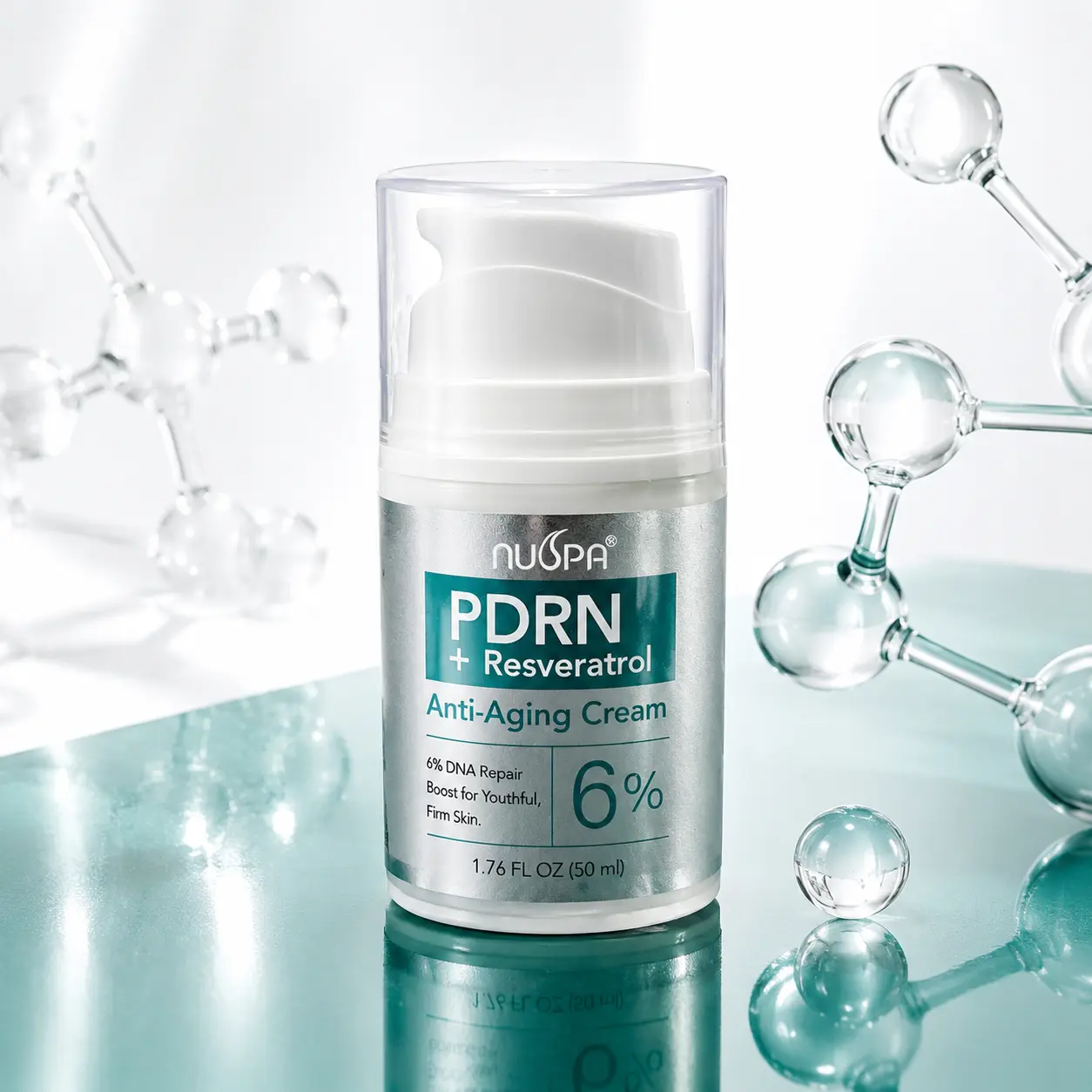 PDRN & Resveratrol Anti-Aging Cream - Fragrance-Free Firming Face Moisturizer for Makeup Prep, 6% DNA Repair with Hyaluronic Acid for Mature & Sensitive Skin, Vacuum Pump Dispenser, 50ml, Scent, Moisture, Radiant Skin, Hydrating, Dewy Skin