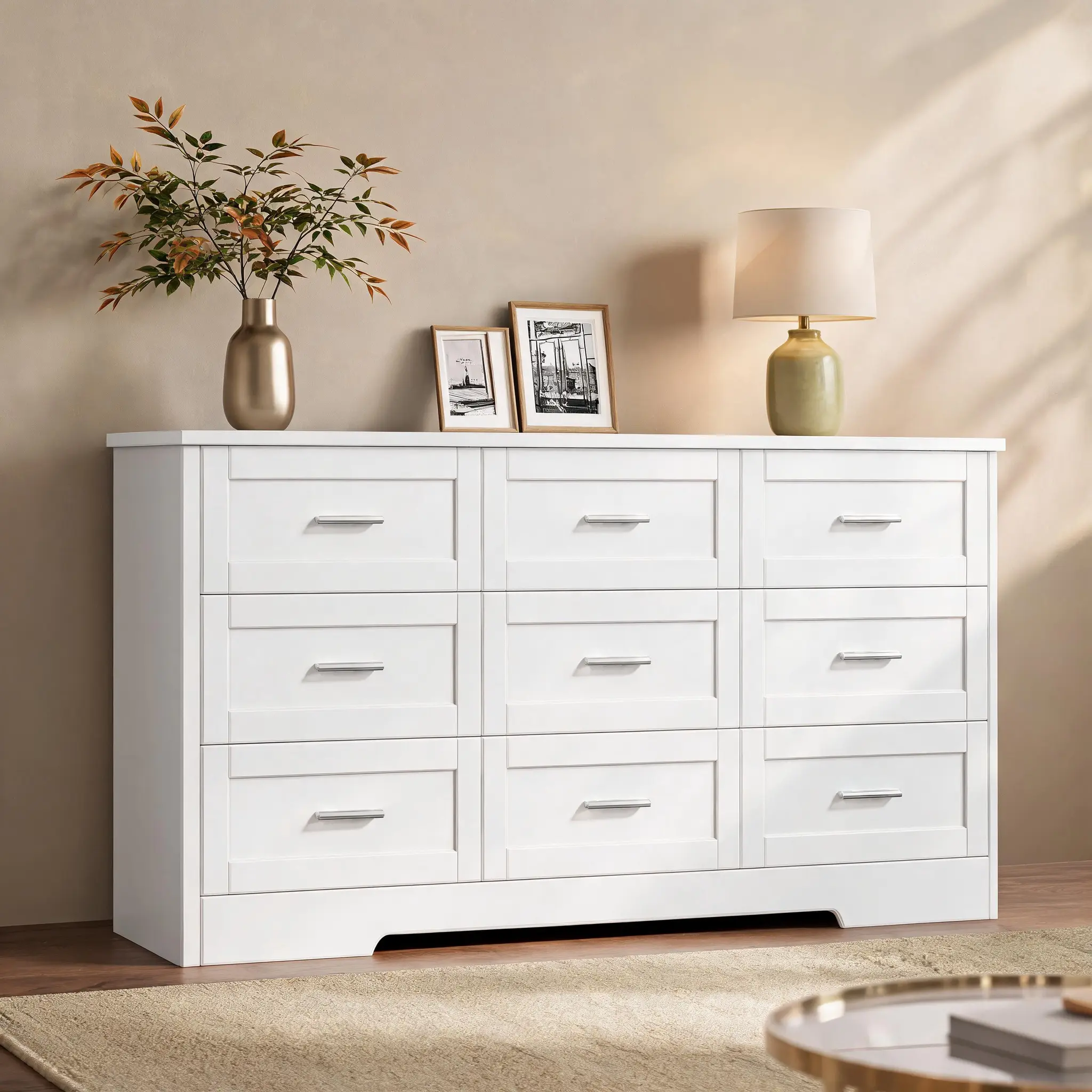 Large Drawer Dresser with 9 Drawers, Modern Chest of Drawers with Metal Handles, Dresser TV Stand，Dresser for Bedroom, Living Room, White