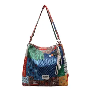 2026 Ethnic Patchwork Large Capacity Tote Bag, Lazy Style Lightweight Versatile Shoulder Crossbody Bag for Daily Casual