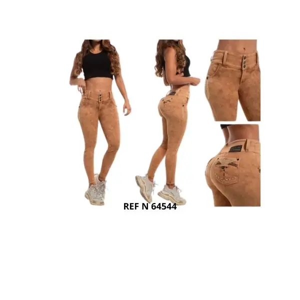 Women's Premium Colombian Slim Fit Jeans - Button Front, 3-Button Waistband, Push-Up Cut, Glitter Pockets, Rhinestone Embroidery, Curve-Accentuating Design