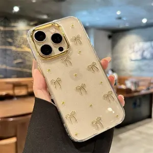 For apple/ Iphone 17 16 15 14Plus 13 Pro Max Cute 3D Gold Frame Gold-plated Stereo Bow Glitter Drip Glittering Transparent Protective Phone Case Cover Accessories with Soft Epoxy Shockproof Case Smartphone Cellphone Protection Casing Protector