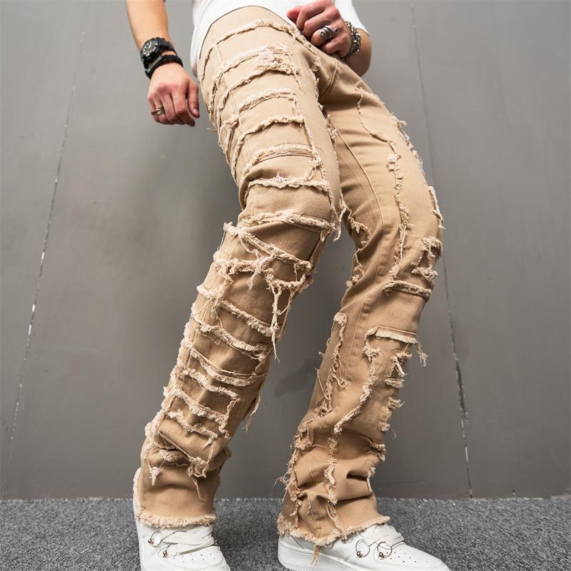 Men Stylish Vintage Khaki Stacked Spliced Slim Flared Jeans Pants Streetwear Hiphop Male Straight Biker Denim Trousers