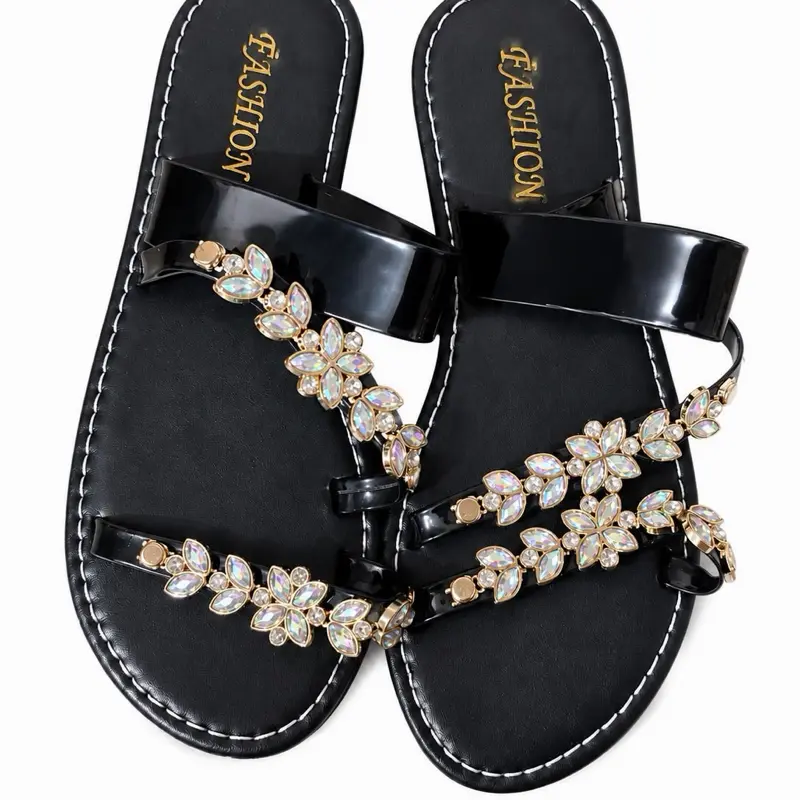 Women’s Rhinestone Flat Sandals – Casual Summer Slip-On Sandals