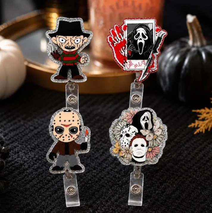 Horror Halloween Badge Reel, Retractable ID Card Holder with Glitter Acrylic Design, Spooky Mask Character Badge Clip for Nurses, Teachers and Medical Staff