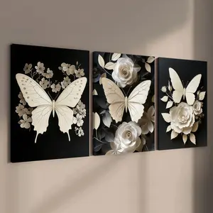 3-count wooden frame canvas, minimalist black and white gold foil texture butterfly art poster, modern family poster, fashionable living room decoration, suitable for corridor, bedroom walls, waterproof art