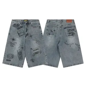 Men's Summer American Retro Graffiti Seven-point Jeans, Street Trend High-waisted Wide-leg Casual Pants for Couples