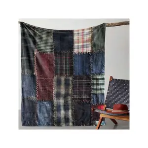 Rustic Patchwork Plaid Throw Blanket with Assorted Textured Fabric Squares