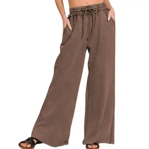 Songling Women Acid Wash Palazzo Sweatpants Casual High Waist Drawstring Wide Leg Pants Baggy Fleece Trousers with Pockets Fashion Athletic Womenswear Everyday