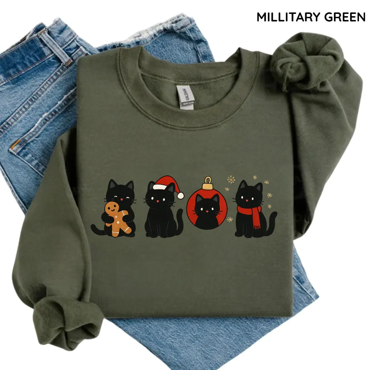 Cute Black Christmas Cat Sweatshirt, Gildan Sweatshirt, Cute Christmas Gift, Cat Lovers Gift, Women Top, For Woman, Womenswear