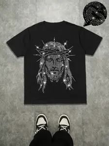 Men's Casual Short Sleeve T-Shirt with Graphic Rhinestone Print, Trendy and Comfortable, Regular Fit, Perfect for Young Men